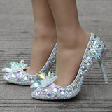 Quee Cinderella Glass Slipper With Money Pointed High-Heeled Fine With Rhinestone Sequins Bridesmaid Wedding