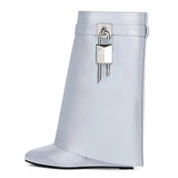 Lock Buckle Women's Mid Calf Boots Punk Style Round Toe High Heel Western Boots Luxury Designer Wedges Women's Short