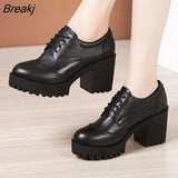 Women Pumps Office Handmade Lace Up Round Head Square Heels Shoes Women Leather Comfortable Women's