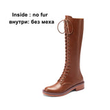 Women Genuine Leather Knee High Boots Round Toe Flat Platform Zipper Lace-up Boot Ladies Shoes Autumn Winter Black
