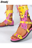 2023 INS Hot Sale Gladiator Women Sandals Mixed Color Flat With High Quality Zipper Big Size 43 Open Toe Women