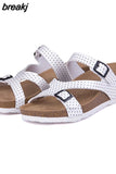 Fashion Women Wedge Cork Slipper 2023 New Summer Beach Outside Buckle Trifle Platform Med Heel Slide