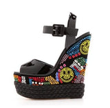 Black Patent Leather Wedge Sandals Multi-color Crystal Embellished Wedge Sandals Ultra Weave Braid Heel