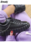 Women New Autumn Pu Leather Lace-Up Sneakers Solid Thick Sole Platform Skateboard Shoes Metal Chain Casual Vulcanized