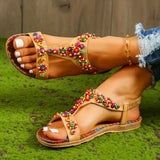 Beaded Flowers Flat Heeled Sandals Women Summer 2023 Plus Size Open Toe Bohemian Sandals Woman Elastic Strap Rome