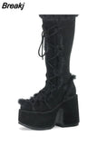 Great Quality 2023 Winter Black Brwon Gothic Chunky Platform Boots Comfy Chunky Heels Platform Keep Warm Shoes