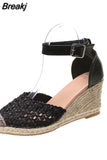 Wedge Sandals Woman Summer 2023 Rome Plus Size Round Head Belt Buckle Leisure Beach Vacation