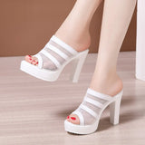 Plus Size 32-43 Block Heel Platform Shoes Women Slippers Summer 2021 Open Head High Heels Slides Ladies Cutout