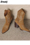 Classic Embroidered Western Cowboy Boots for Women Leather Cowgirl Boots High Heels Shoes Woman Boots Big Size