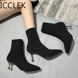 Women Boots Ankle Short Boots Flock Pointed Toe Thin Heels Winter Booties Woman Wool Elastic Slip on Women Boots