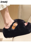 Winter Women Platform High Heel Fluffy Slipper Casual Fashion Metal Buckle Wedge Artificial Plush Inside Soft Slides