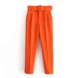 Solid Elegant Pencil Pants Women Business Suit Pants Female Pleated Lady Long Trousers With Belt Pantalones
