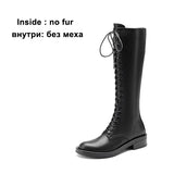 Women Genuine Leather Knee High Boots Round Toe Flat Platform Zipper Lace-up Boot Ladies Shoes Autumn Winter Black