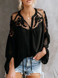Casual Loose Blouse Fashion Solid Lantern Sleeve Ladies Commuter Shirt Summer Sexy Perspective Lace Stitching Chiffon Shirt