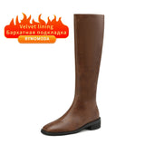 High Boot Women 2022 Winter Split Cow Leather Brown Black ZIP Low Block Heel Quality Long Boot Handmade Shoe Christmas