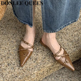 Pointed Toe Flat Heel Mules Shoes Women Closed Toe Outdoor Slippers Elegant Slide Narrow Band Sandal Brand Rivet