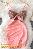 Sequins Plaid Mini Bodycon Dress Women Summer V-neck Sleeveless Spaghetti Strap Mesh Patchwork Party Dress Fashion