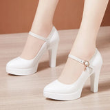 Platform High-Heeled Shoes Lacquered Leather Buckle Model Catwalk Etiquette Women's Shoes New Pointed Stilettos Professional Work