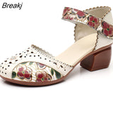 2023 Summer Women's Genuine Leather Shoes Woman Retro Hollow Out Sandals Female Hook & Loop Heels Ladies Platform