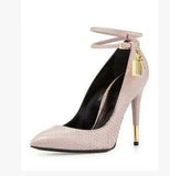 Lock High Heel Pointed Toe Pump Ankle Strap Metal Heels Padlock Pumps Low Cut-out Patchwrok Banquet Dress Shoes Plus