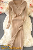 Sexy V-neck Short-sleeved Knit Bodycon Dress Women Casual Summer Slim Elastic High Split Mid-calf Ribbed Long Dress