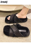 Winter Women Platform Fluffy Slipper Casual Fashion Cross Artificial Plush Inside Thick Sole Slides