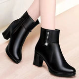 Leather Women Winter Ankle Boots Side Zipper High Heels Shoes Warm Thick Plush Snow Boots for Women Botines De