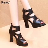 Soft Leather Peep Toe Roman Shoes 2023 New Hollow Women's Sandals Chunky Heel Platform All-Match High Heels Sandals