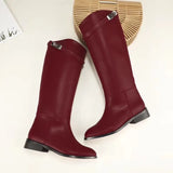 New Women Motorcycle Booties Belt Strap Metal Shark Lock Flat Heel Knee High Boots Woman Shoes Genuine Leather Botas