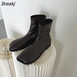 Spring Rock Shoes Flat Heel Zipper Boots Women Ladies Ankle Leather Rubber 2023 Soild Fabric Square Toe Zapatillas