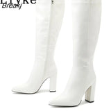 Fashion Runway Red White Women Knee High Boots Sexy Pointed Toe Zip Square Heels Ladies Leather Winter Long Shoes