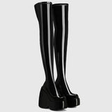 Female Motorcycle Boots High Wedges Black Zipper Platform Thigh High Boots INS Brand Cool Fashion Punk Gothic