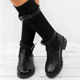 Plus Size 35-43 Women's High Heel Mid Boots Warm Wool Knitting Leather Boots for Women Wedge Buckle Ladies Short