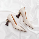 Women's Desinger Pumps Gold Ball High Heels Pointed Toe Strange Style Boat Shoes Shallow Leather Shoes for Female