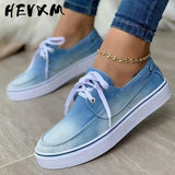 Women's Canvas Shoes 2023 Spring New Solid Denim Fabric Ladies Lace Up Casual Loafers 35-43 Large-Sized Female Comfy
