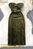 Sexy Strapless Bodycon Velvet Dress Women Elegant Autumn Winter Sleeveless Backless Belted Slim Back Slit Party