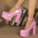 Platform Chunky Heeled Ankle Strap Pumps Sweet Woman Wedding Shoes 2023 Spring Summer Fall Office Lady Comfy