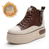 Women Shoes Soft Leather 8cm Platform Boots Wedge Hidden Heel Zip Spring Autumn Warm Fur Winter Plush Shoe