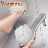 Three-Dimensional Flowers Slippers Summer Transparent Sandals Beach Shoes Thin High Heels Walk Show Crystal Party Women