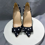 Polka Dot Women Black Satin Stiletto High Heels with Bowknot Chic Ladies Designer Dress Shoes Pointed Toe Silk