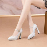 Spring Autumn Season New Fashionable Pointed Solid Leather Surface Light Mouth Flat Buckle High Heel Women's Single