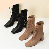 Women's Square Toe Ankle Boots Autumn Winter Fashion Stitching Knitted Elastic Stockings Boots High-heeled Short