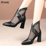 Summer Women Ankle Boots Hollow Mesh Breathable Chunky High Heels Soild Casual Female Shoes PU All-matching Botas De