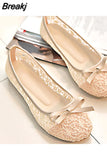 Ballet Flats Fashion Bow-Knot Women Shoes Slip on Flat Sweet Hollow Summer Female Shoe Beige 2023 New Women Flat