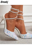 Bead Rhinestone Ankle Strap Shoes For Women Pumps Sexy Pointed Toe Demonia Shoes 2023 Ladies Thin Heels Stiletto