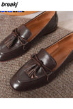 Retro British Style Square Head Women's Loafers Shoes Spring Summer Style Tassel Comfortable Single Shoes Women Brown