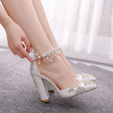 Breakj White Pointed Crystal Wedding Shoes Coarse Heel Ultra-High Heel Bridal Shoes Buckle Tuxedo Water Drill Women
