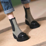 and winter new elasticated thick-soled women's boots French retro flat color elastic stitching plaid fashion