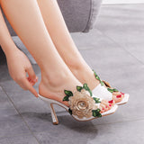 Queen Summer Lace Flower Square Toe Heels High Quality PU Slippers Gladiator Sandals Womens Slides