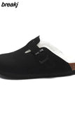 2023 New Winter Fur Cork Slipper Casual Women Solid Color Plush Inside Nubuck Leather Outside Non-slip Closed Toe